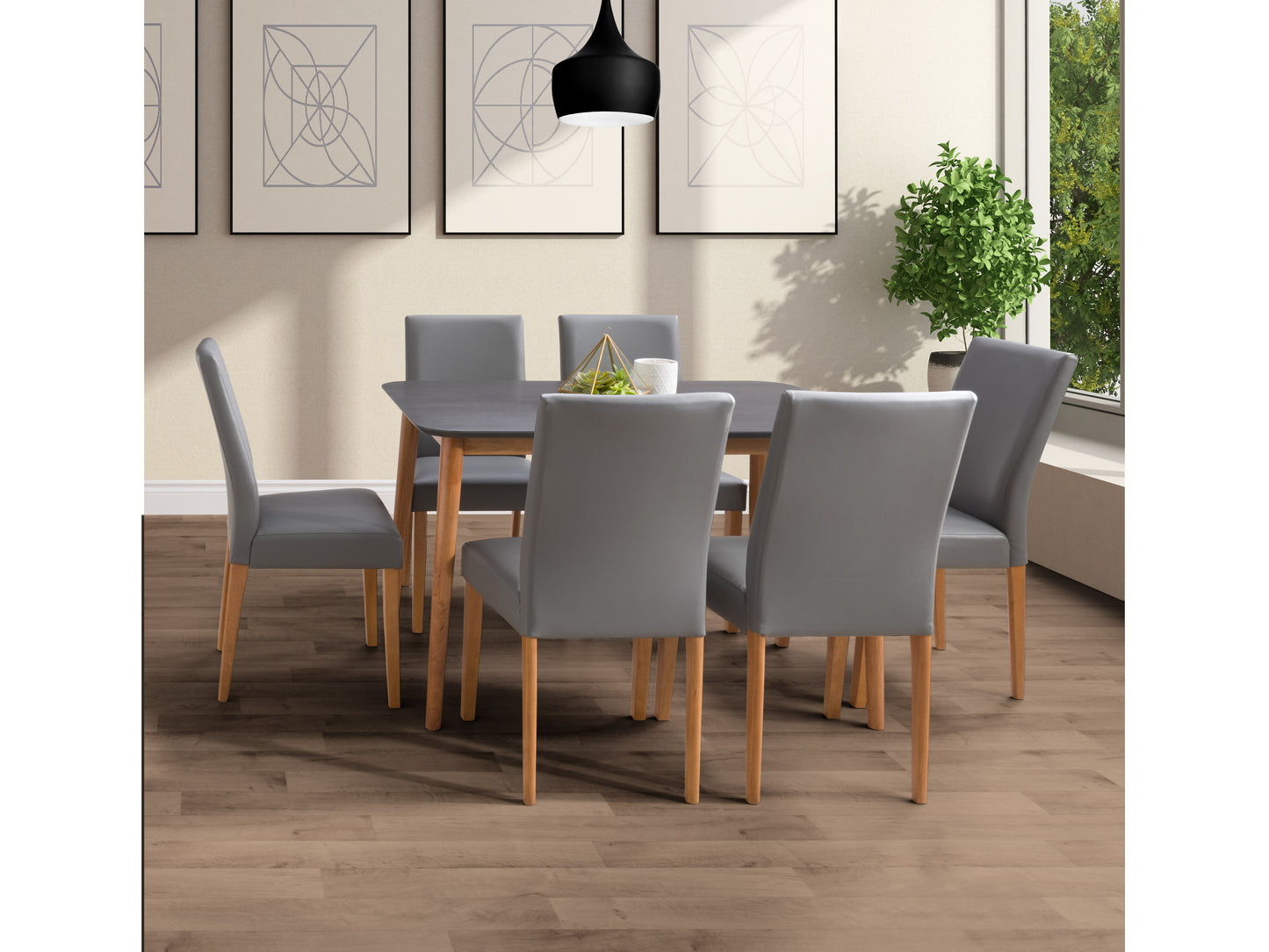 Grey rectangular dining table with a smooth surface, sleek wooden legs, and modern design, complemented by a minimalist setting with neutral tones. Ideal for contemporary dining spaces.