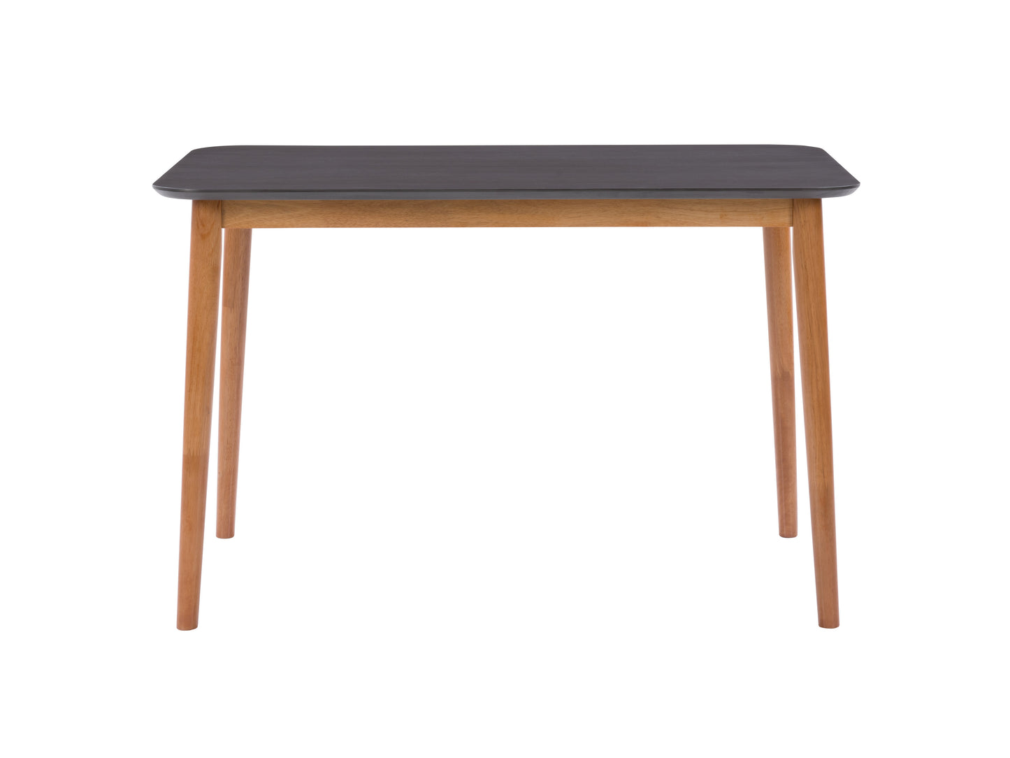 Grey dining table with sleek, rectangular design featuring a smooth, solid wood surface and sturdy metal legs, perfect for modern dining rooms or kitchens.