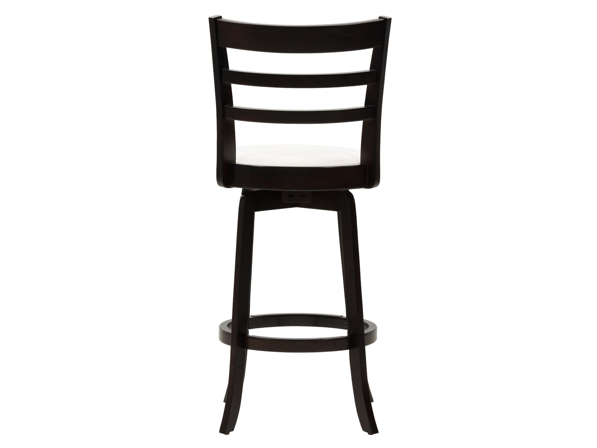 Wood bar stool in dark walnut finish with black faux leather cushioned seat, metal footrest, and sturdy wooden legs. Ideal for bar height counters and modern kitchen islands.