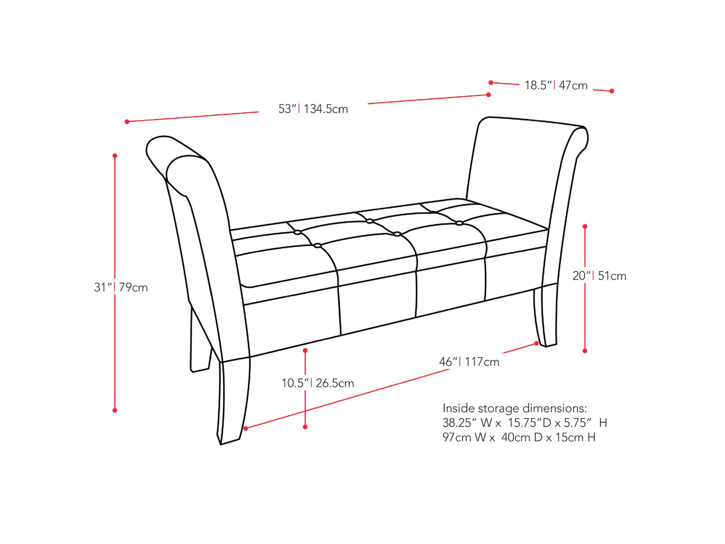 White storage bench with arms, cushioned seat, and wooden legs, perfect for entryways or bedrooms.
