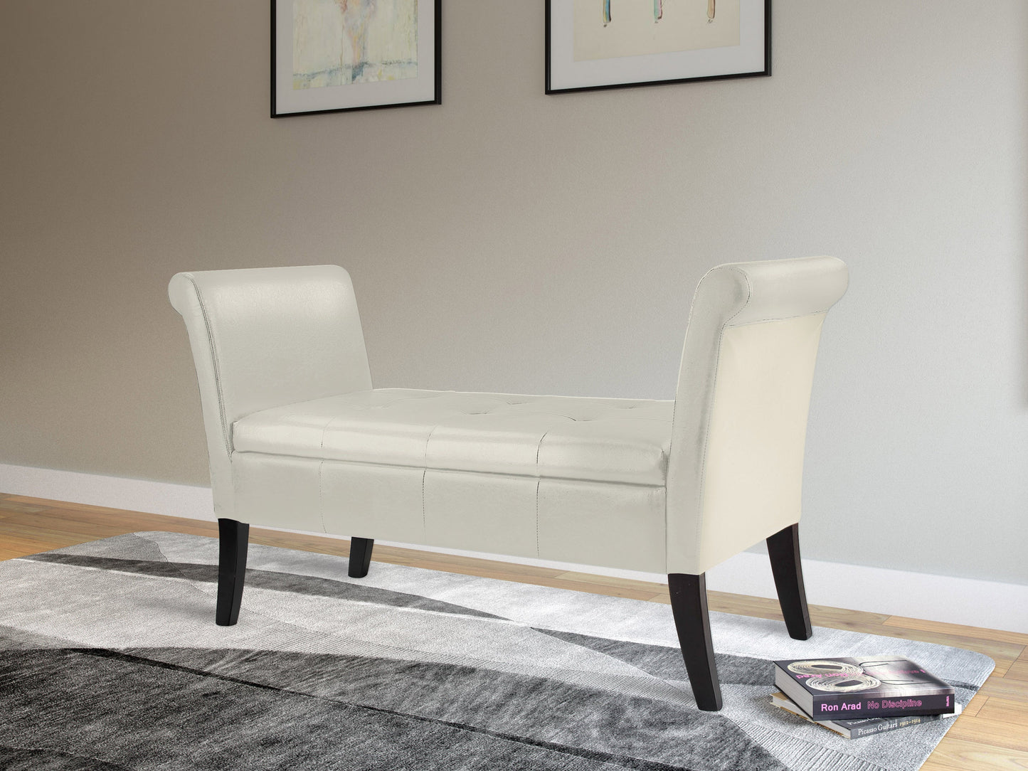 White storage bench with arms, cushioned seat, and classic design.