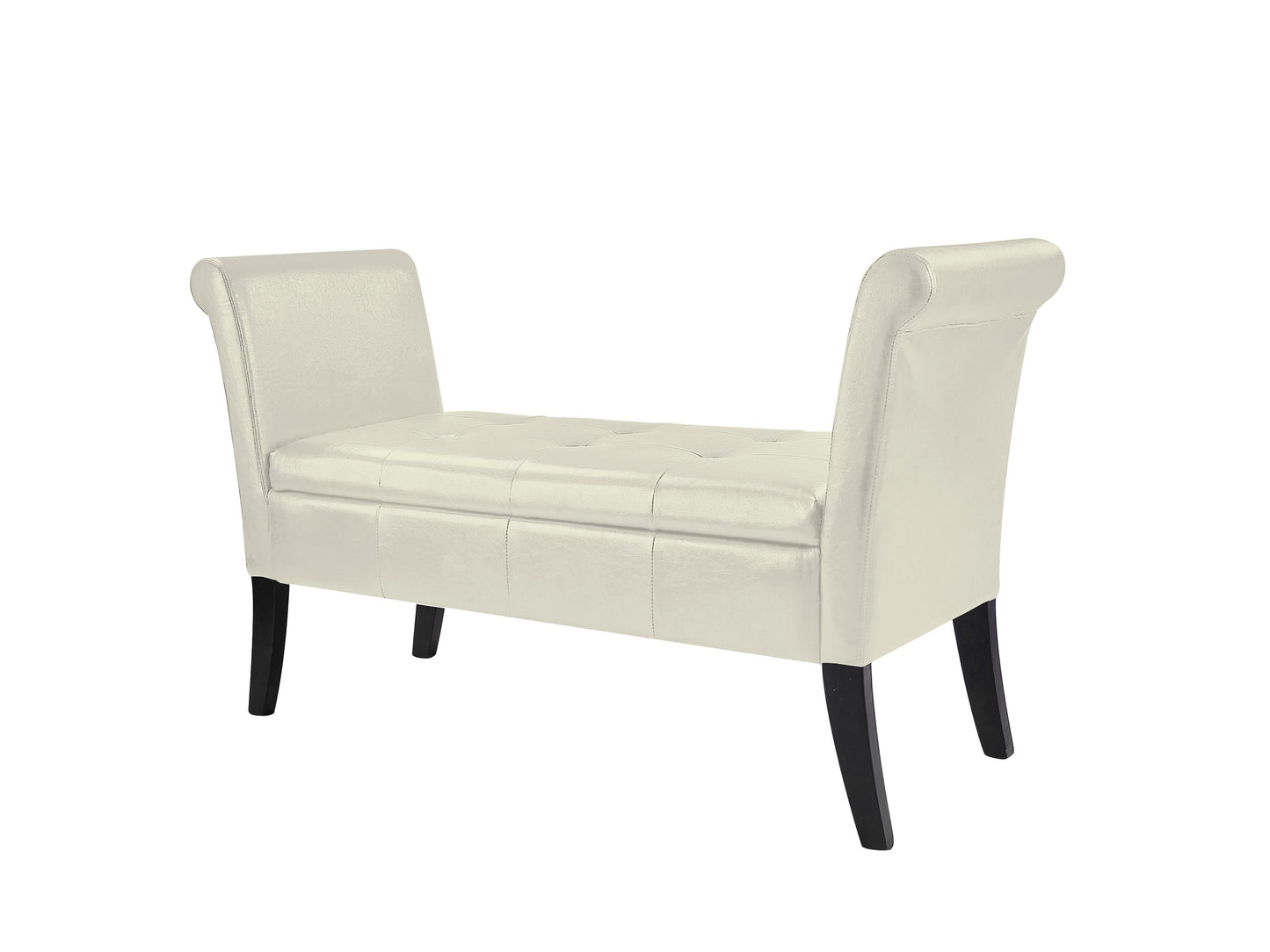 White storage bench with arms, padded seat, and sleek modern design, perfect for entryways and bedrooms.