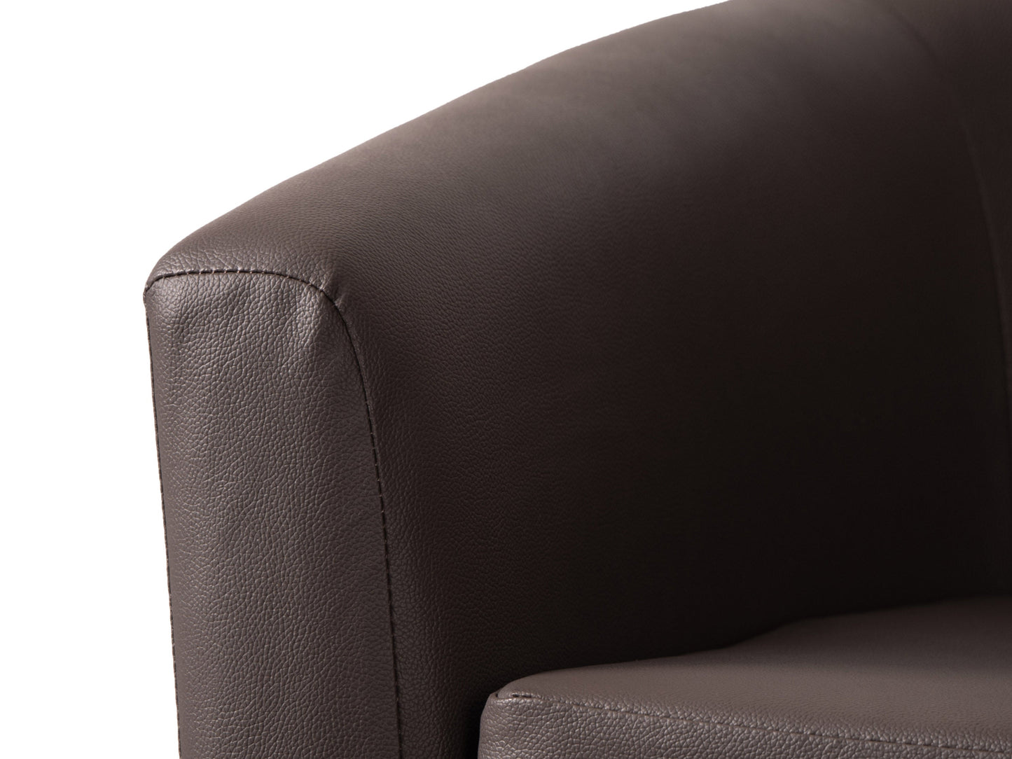 Dark brown vegan leather barrel chair with plush cushioning and sleek, modern design.