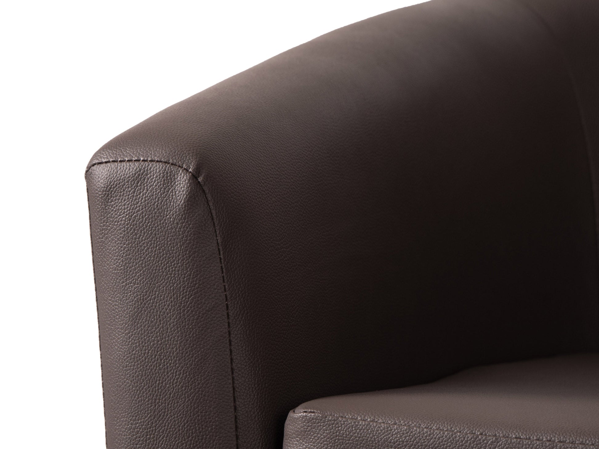 Dark brown vegan leather barrel chair with plush cushioning and sleek, modern design.