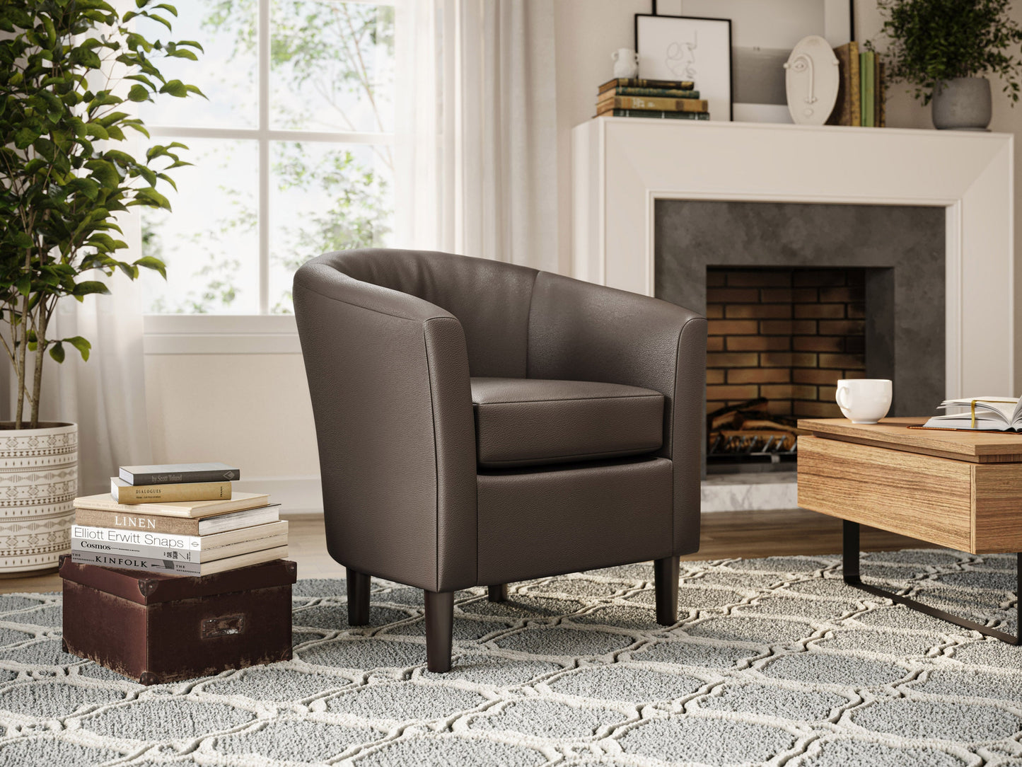 Dark brown vegan leather barrel chair with wooden legs, curved backrest, and modern accent design.