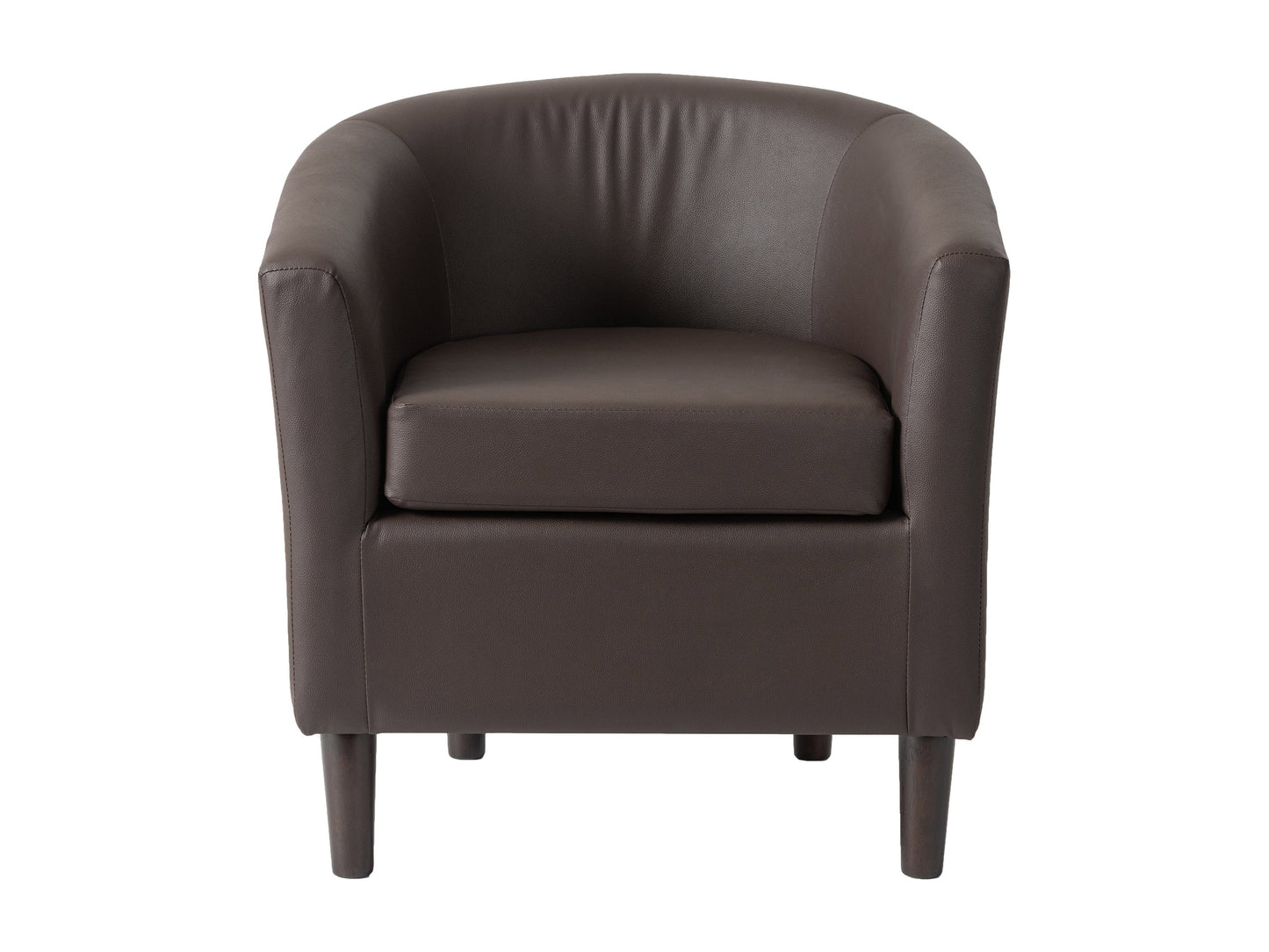 Dark brown vegan leather barrel chair with sleek design and comfortable padded seat.