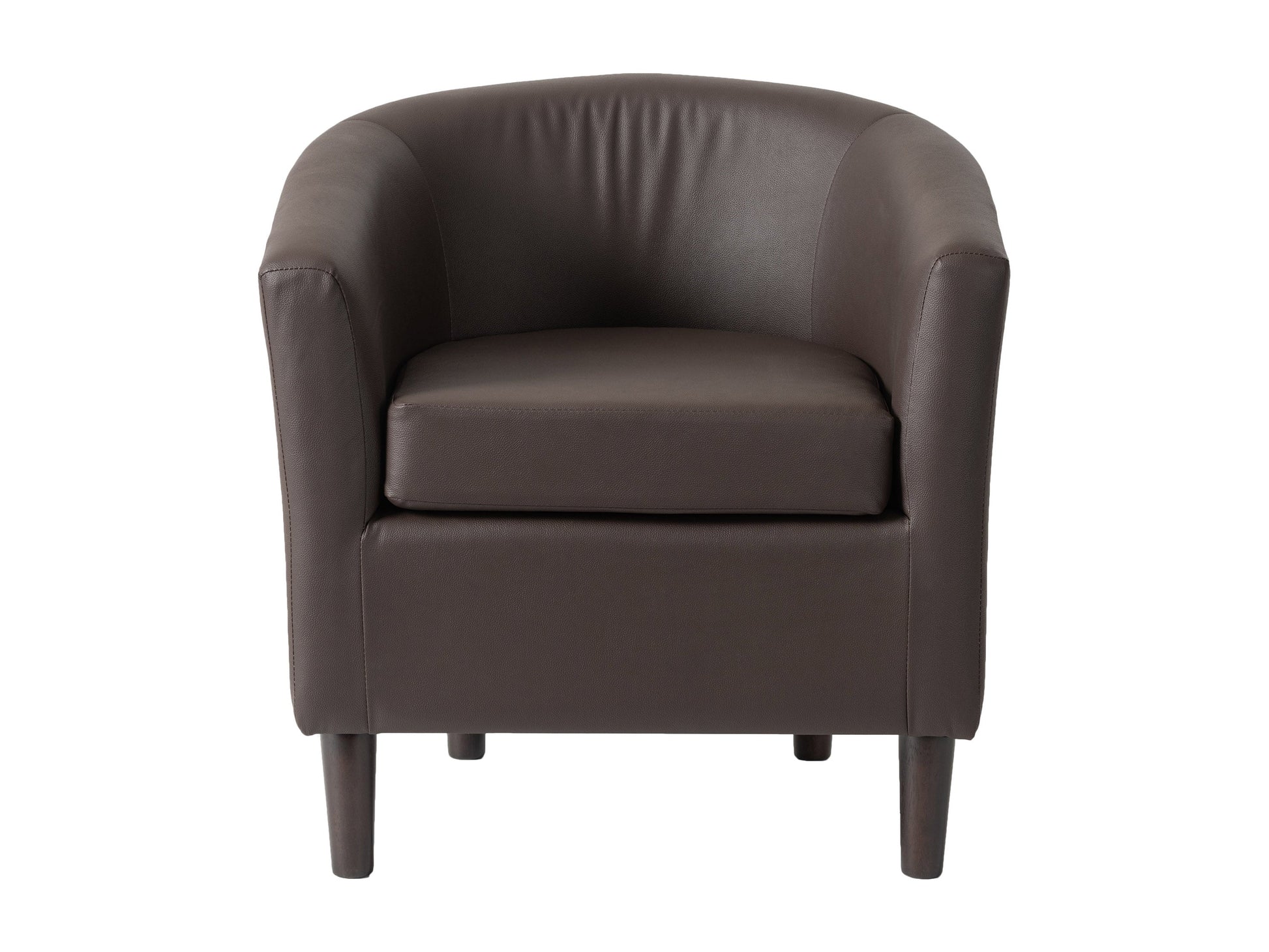 Dark brown vegan leather barrel chair with sleek design and comfortable padded seat.