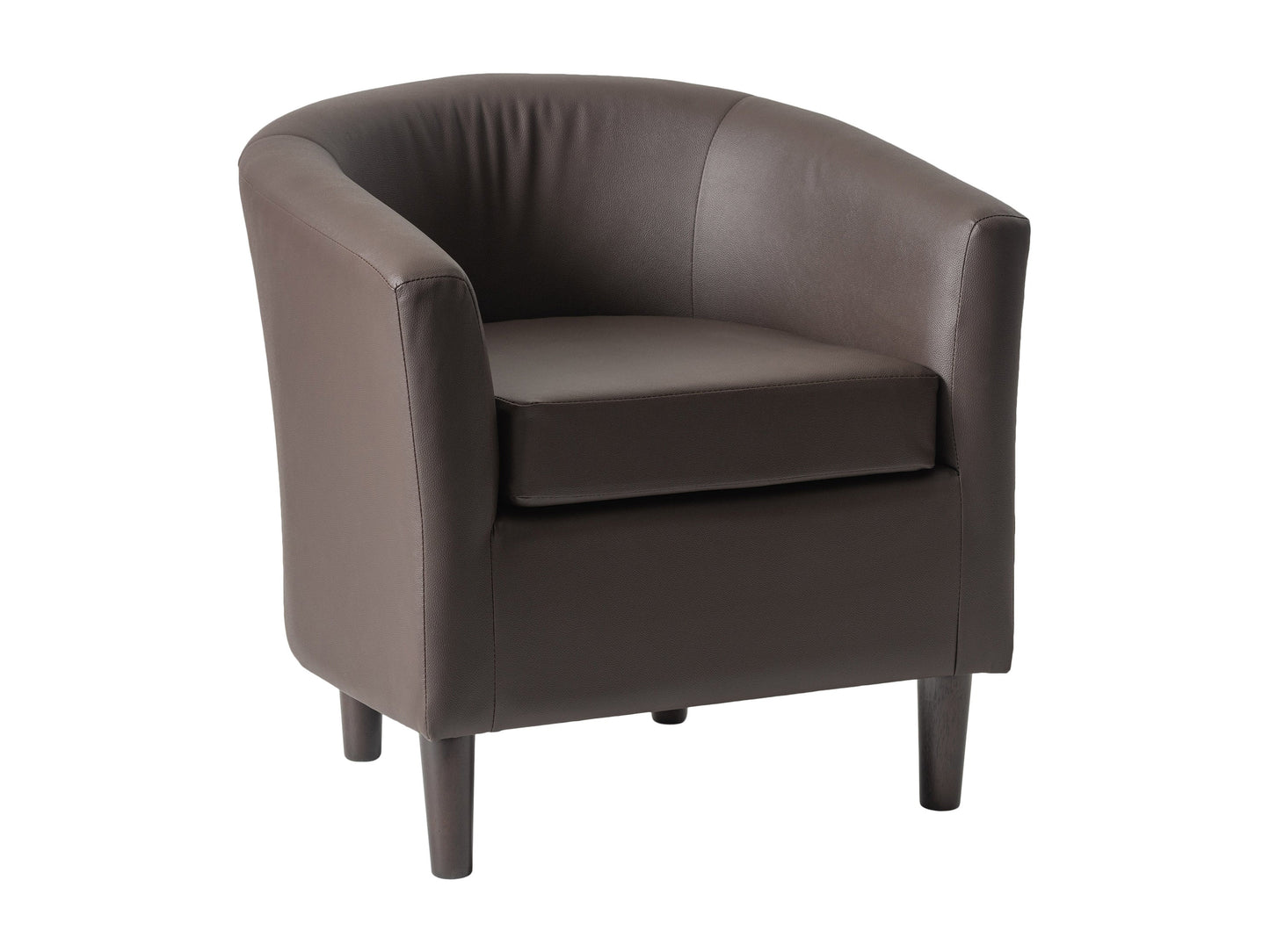 Dark brown vegan leather barrel chair with tufted back, wooden legs, and modern accent design.