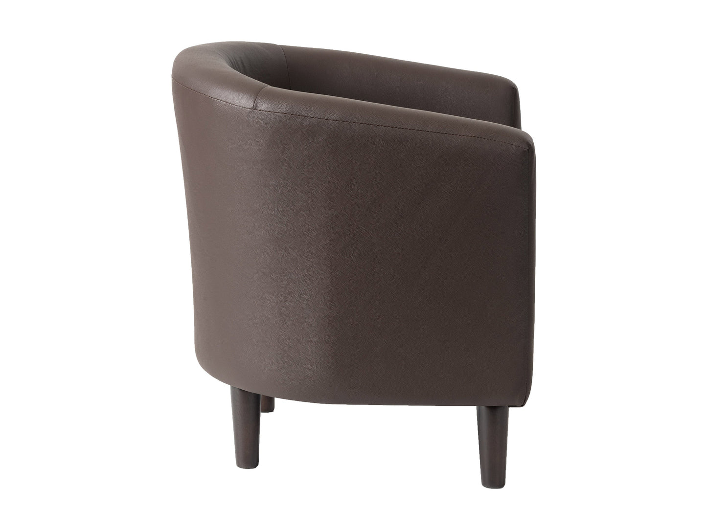 Dark brown vegan leather barrel chair with curved back, wooden legs, and modern accent design.