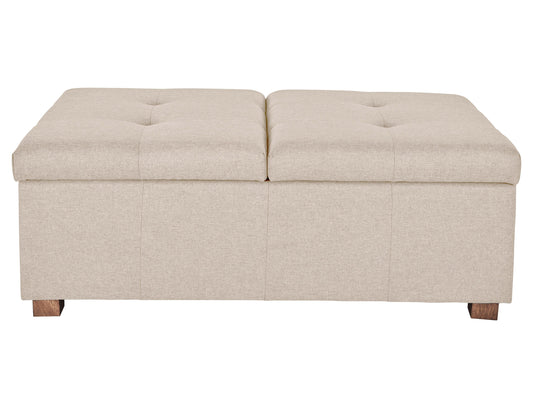Beige double storage ottoman with tufted top, wooden legs, and versatile design for living room or bedroom.
