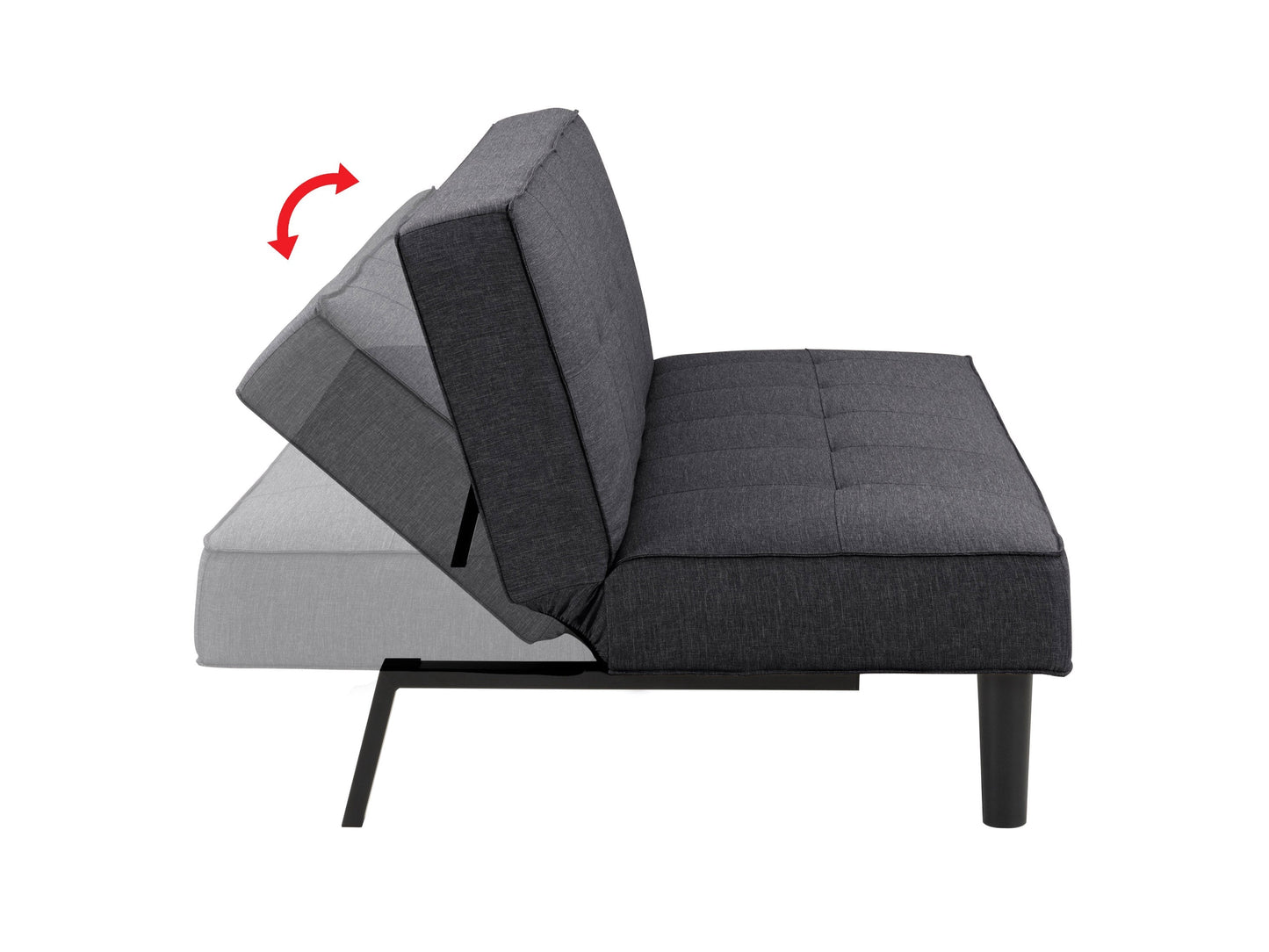 Dark grey futon sofa bed with tufted cushions, wooden legs, and modern minimalist design.