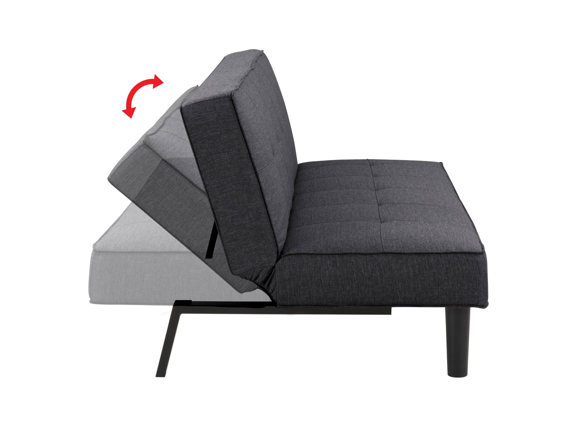 Dark grey futon sofa bed with tufted cushions, wooden legs, and modern minimalist design.