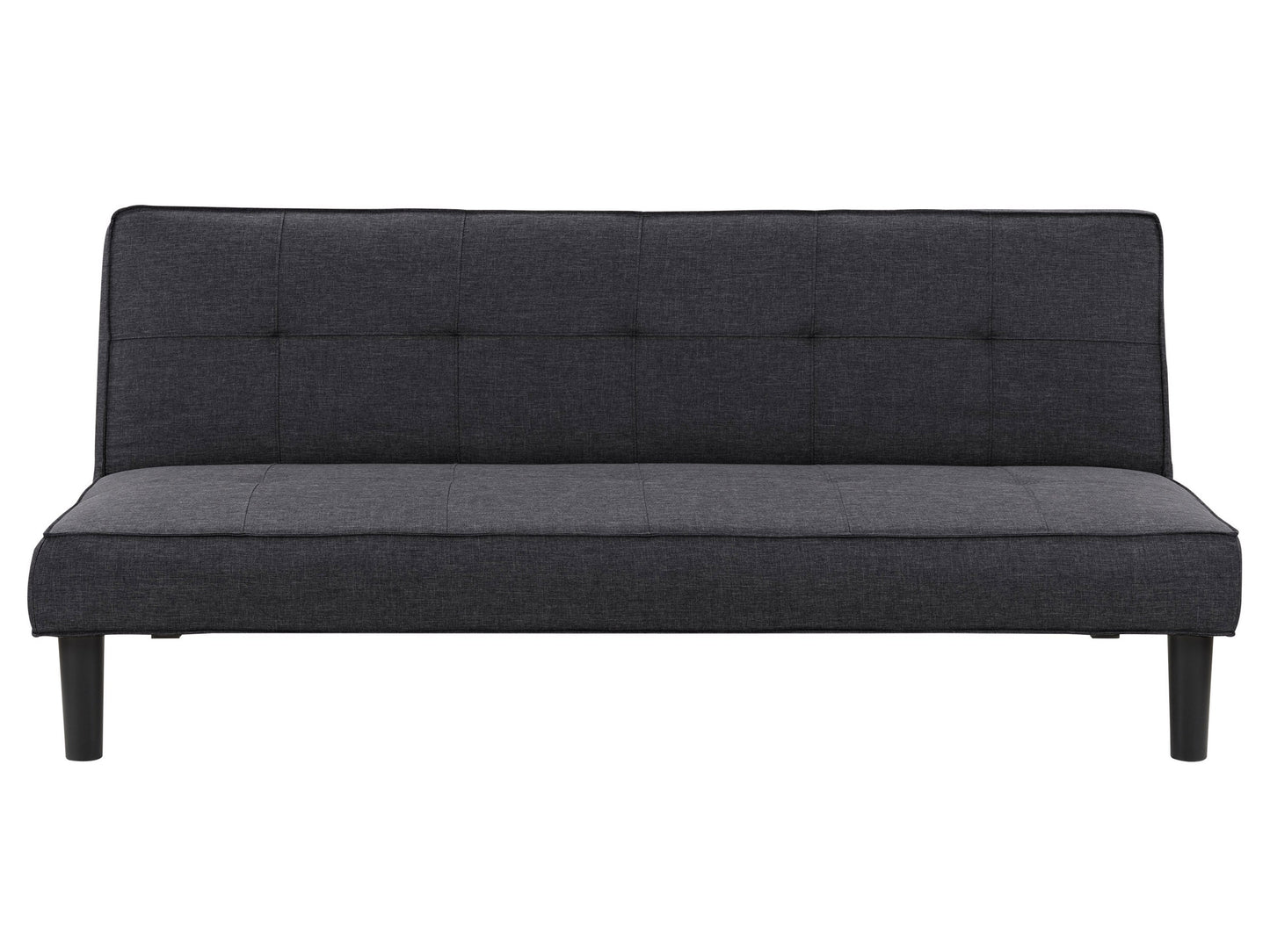Dark grey futon sofa bed with tufted cushions, wooden legs, and a minimalist design.