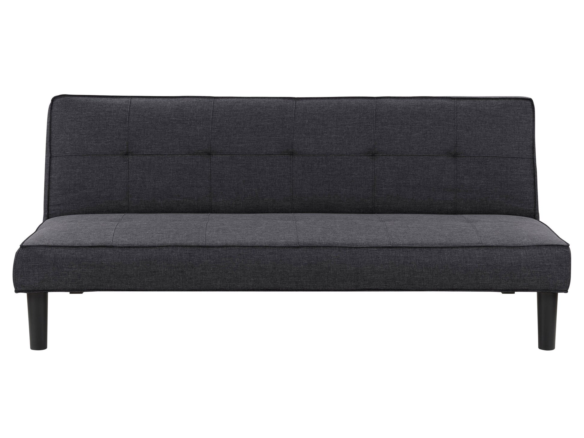 Dark grey futon sofa bed with tufted cushions, wooden legs, and a minimalist design.