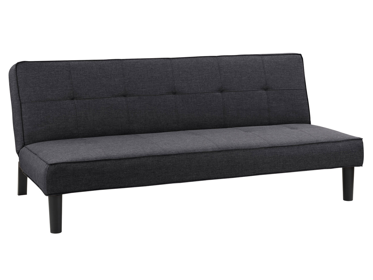 Dark grey futon sofa bed with tufted cushions, wooden legs, and a sleek minimalist design.