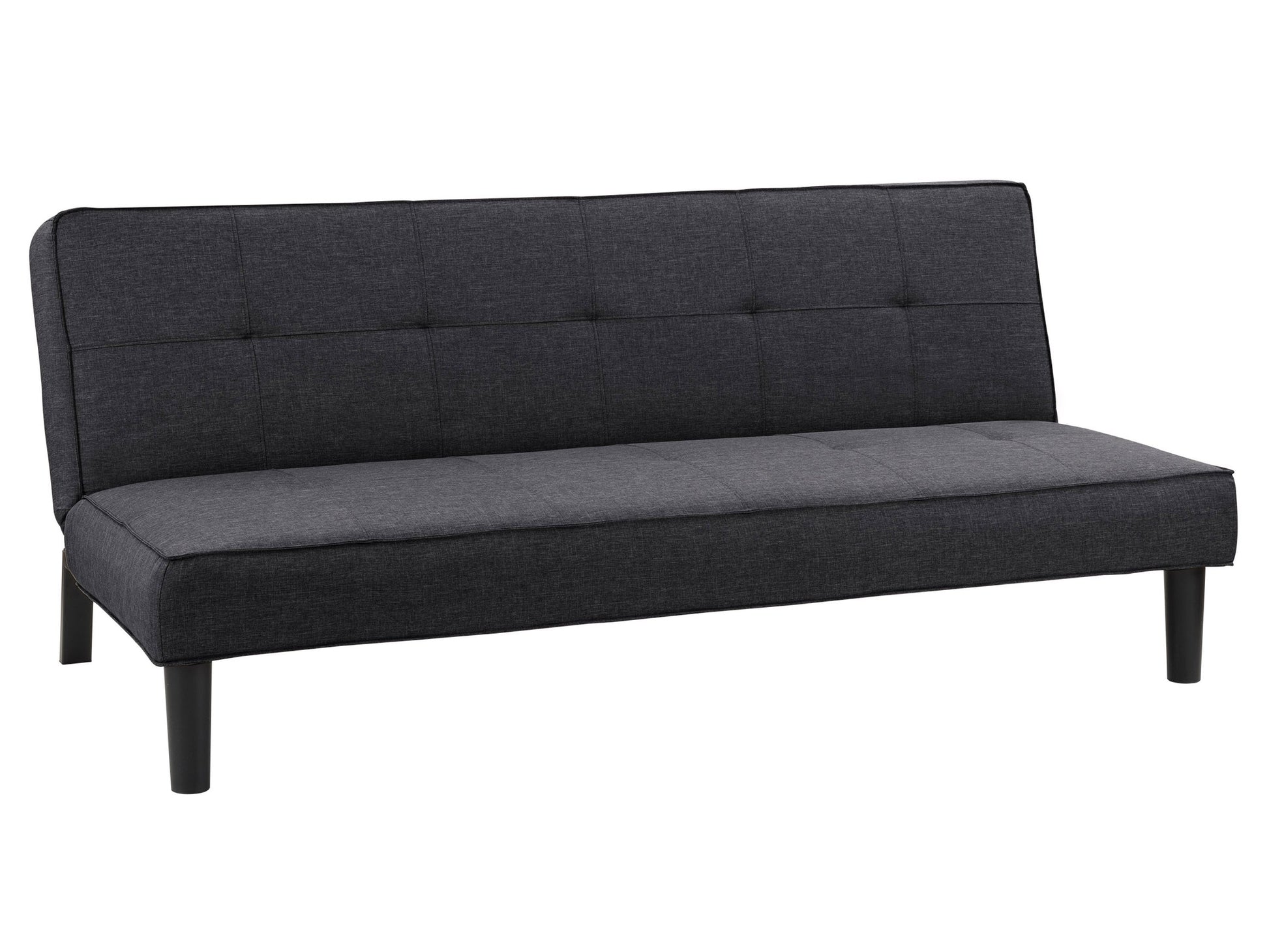 Dark grey futon sofa bed with tufted cushions, wooden legs, and a sleek minimalist design.