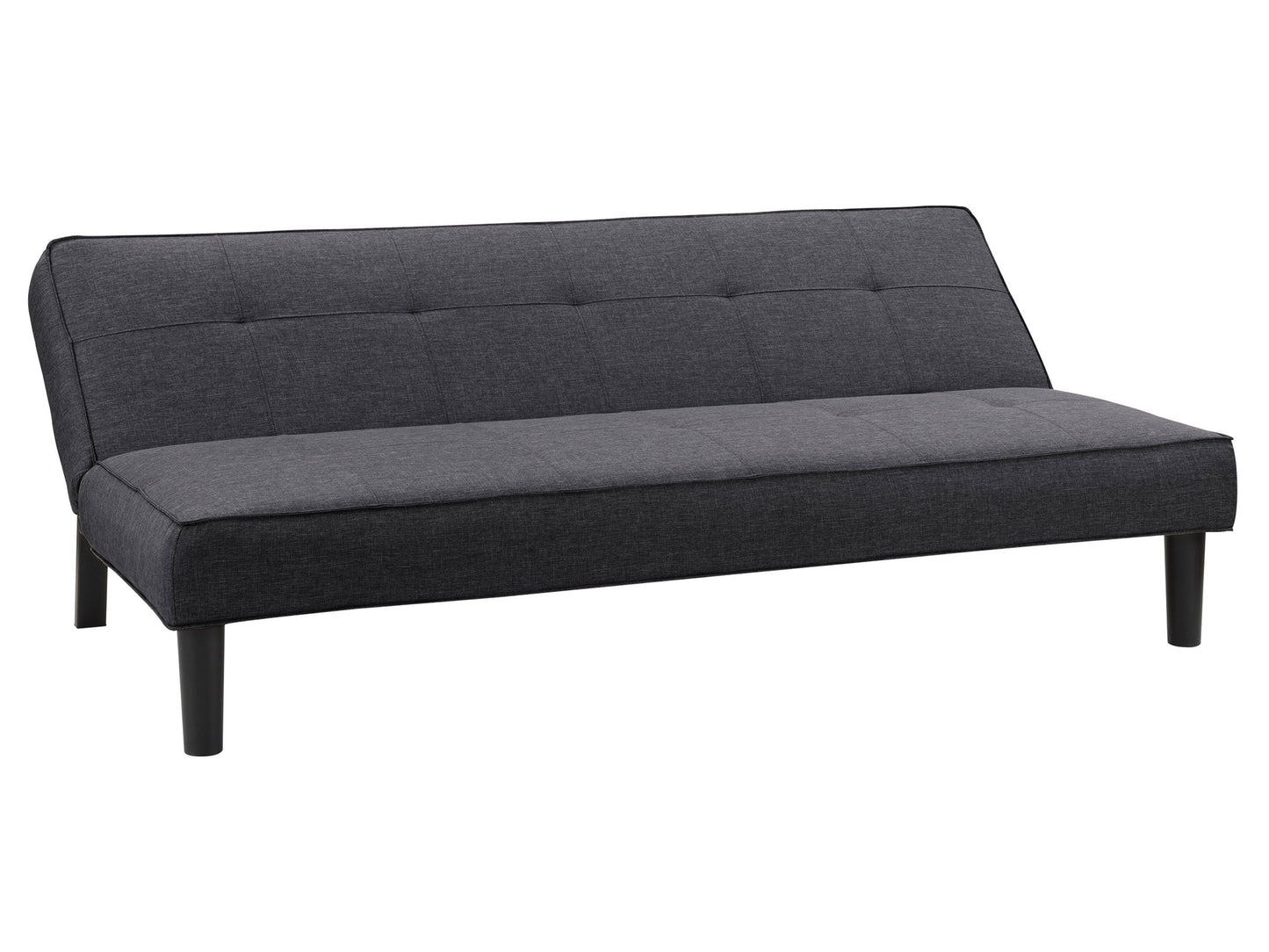 Dark grey futon sofa bed with tufted cushions and wooden legs, convertible design for modern living rooms.