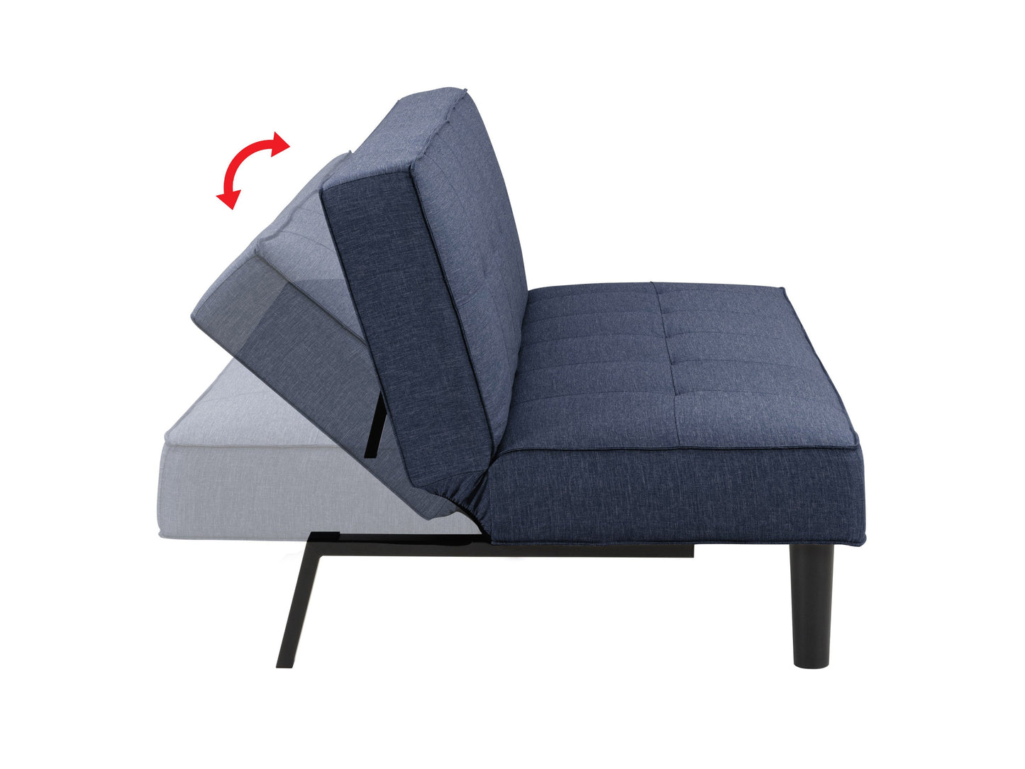 Blue futon sofa bed with wooden legs, tufted cushions, and adjustable backrest.