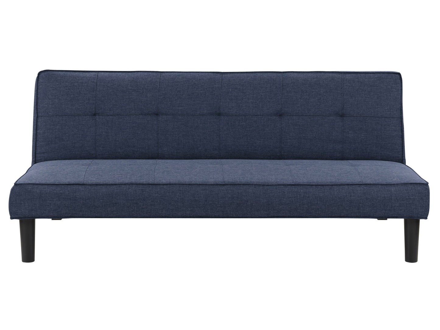 Blue futon sofa bed with tufted cushions, wooden legs, and modern design.