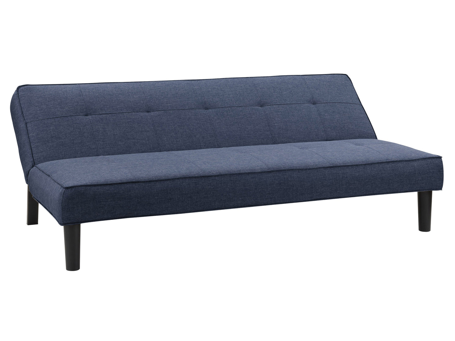 Blue fabric futon sofa bed with wooden legs, tufted cushions, and convertible design for modern living spaces.