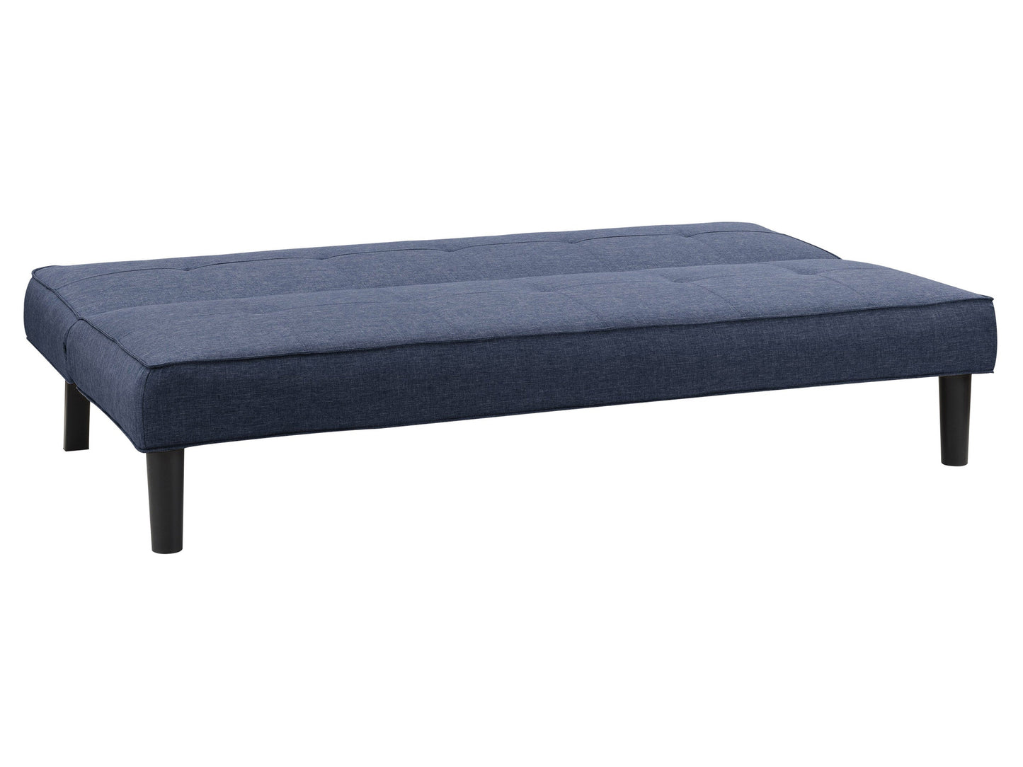 Blue futon sofa bed with wooden legs, tufted cushions, and convertible design for modern living rooms.