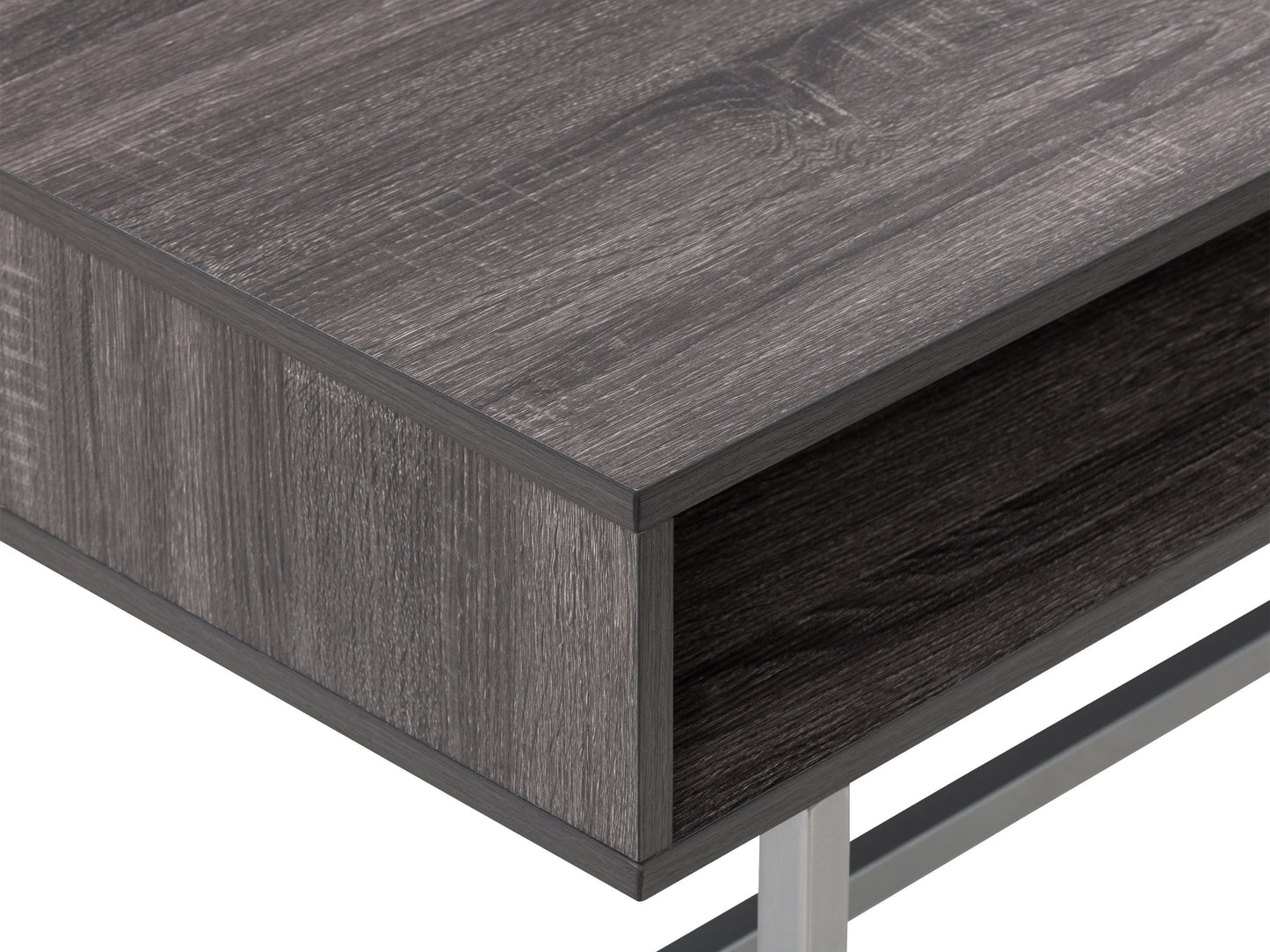 Modern rectangular grey coffee table with wood legs and sleek minimalist design.