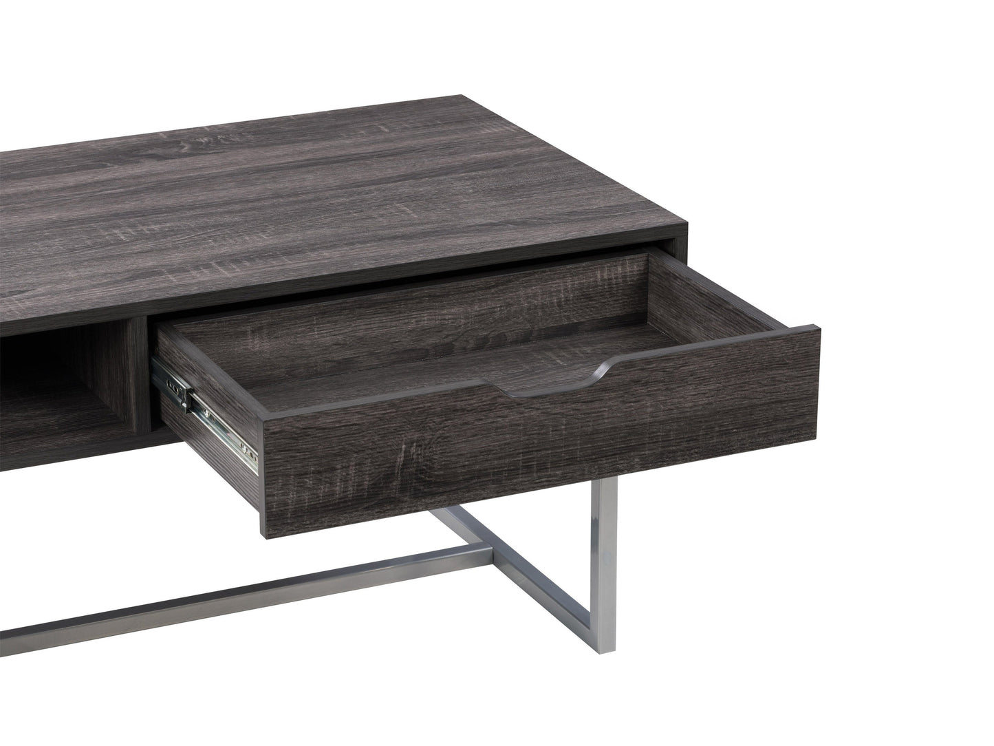 Modern rectangular grey coffee table with sleek wood legs and minimalist design.