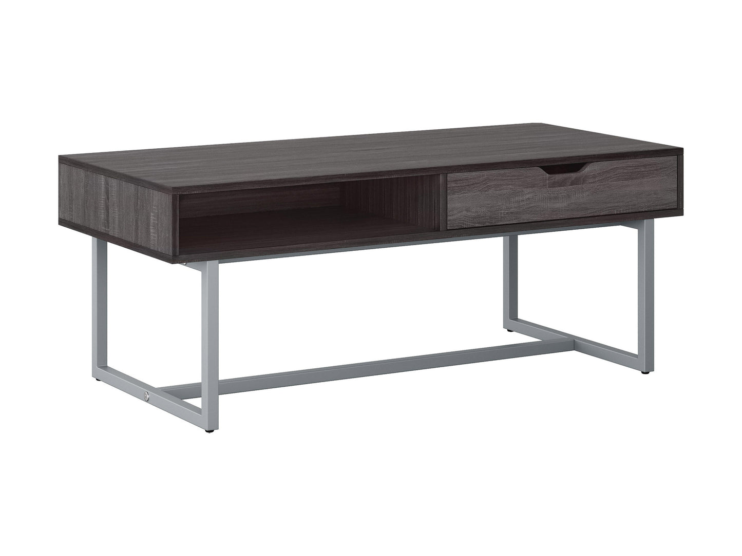 Modern grey rectangular coffee table with sleek metal legs and smooth wooden surface.