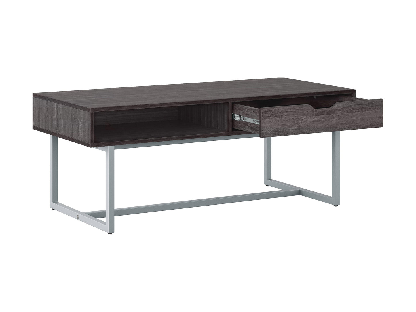 Modern grey rectangular coffee table with sleek metal legs and a minimalist design.