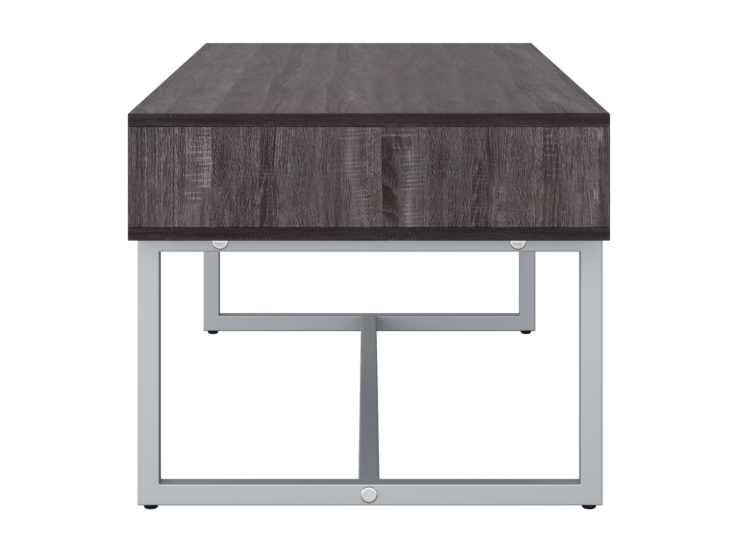 Modern rectangular grey coffee table with sleek metal legs and smooth finish.