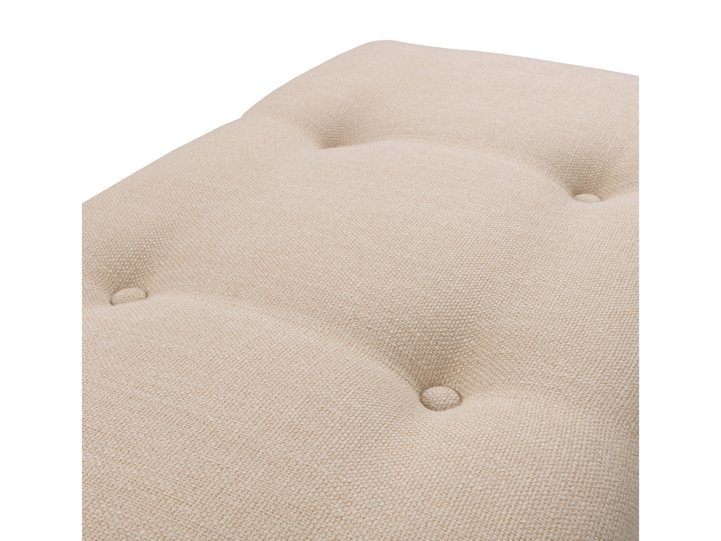 Cream accent bench with wooden legs, tufted upholstery, and mid-century modern design.