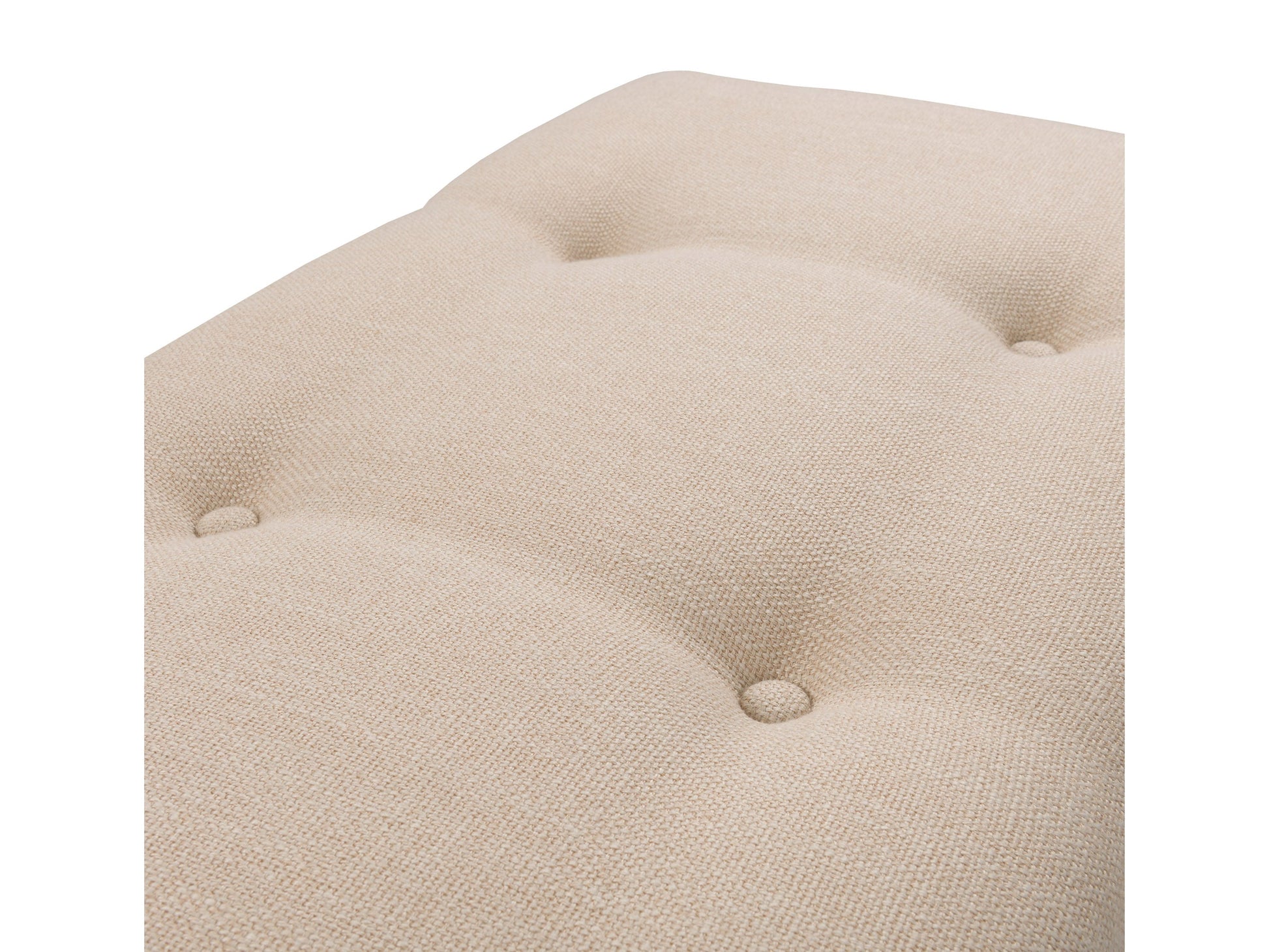 Cream accent bench with wooden legs, tufted upholstery, and mid-century modern design.