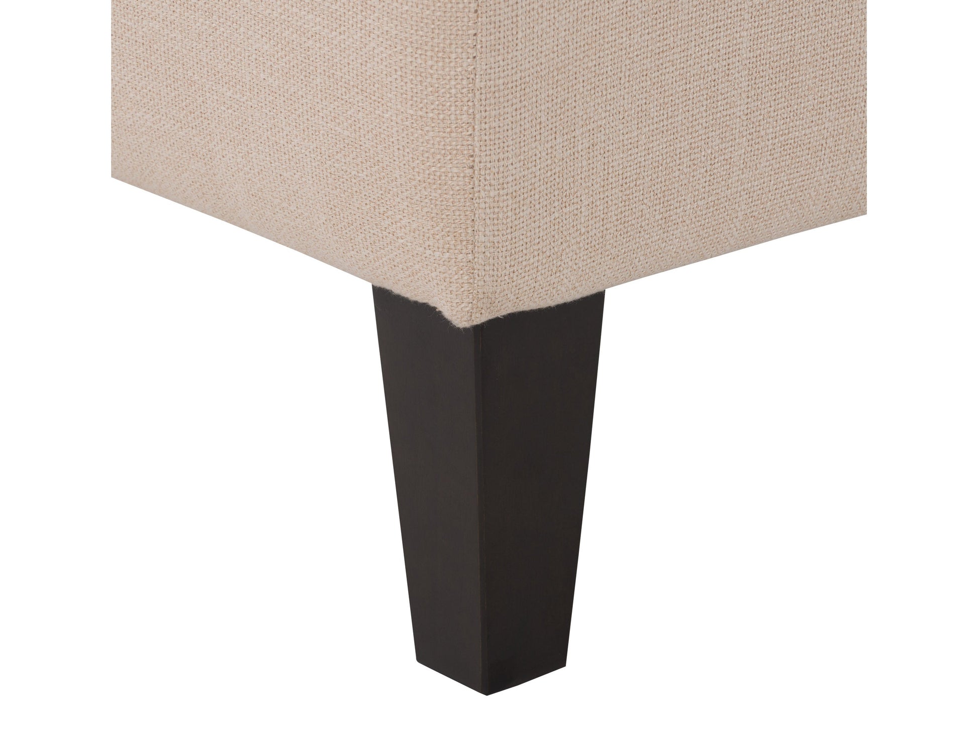 Cream accent bench with tufted fabric, wooden legs, and modern minimalist design.