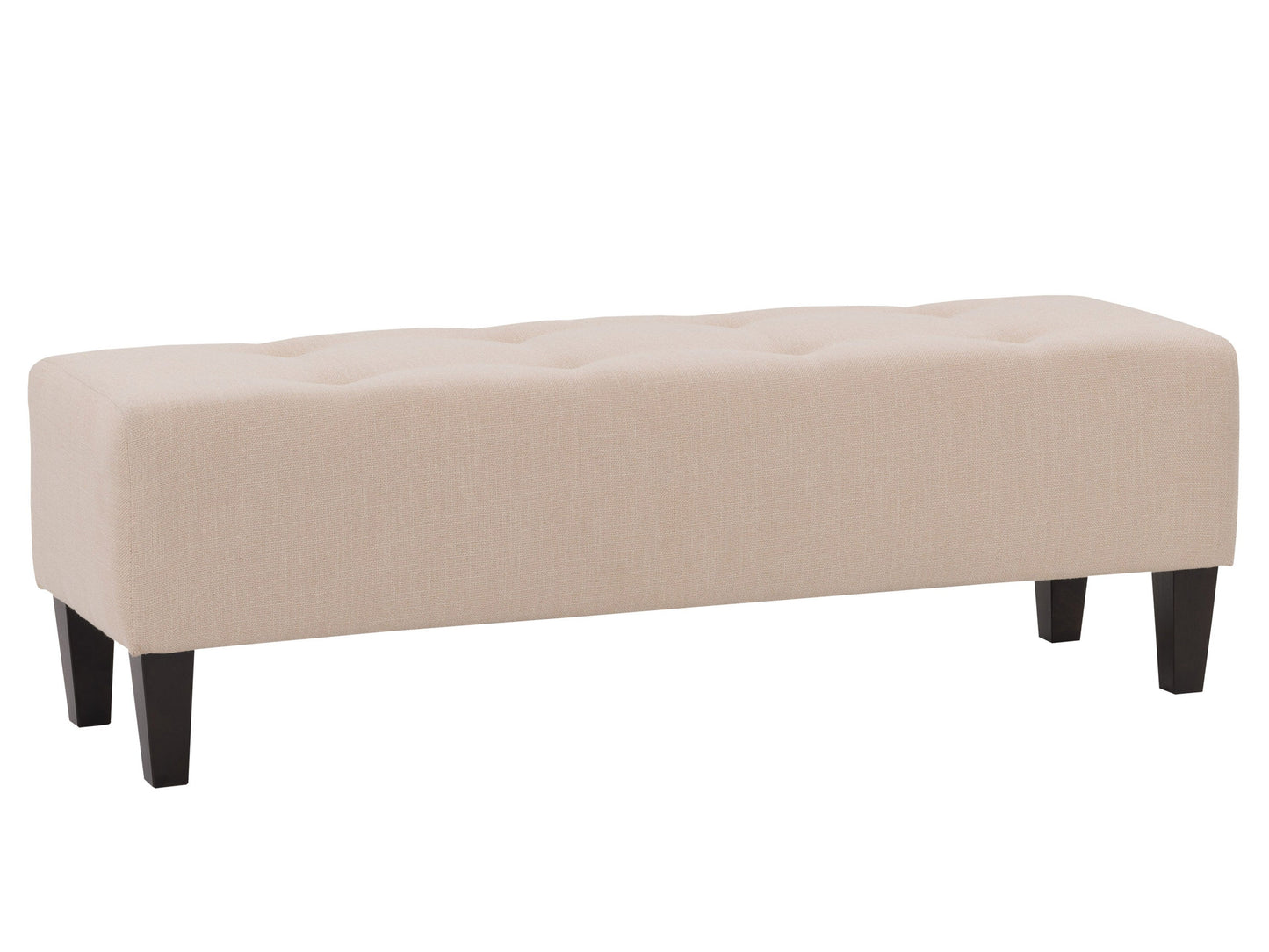 Cream accent bench with wooden legs, upholstered seat, and minimalist design for modern interiors.