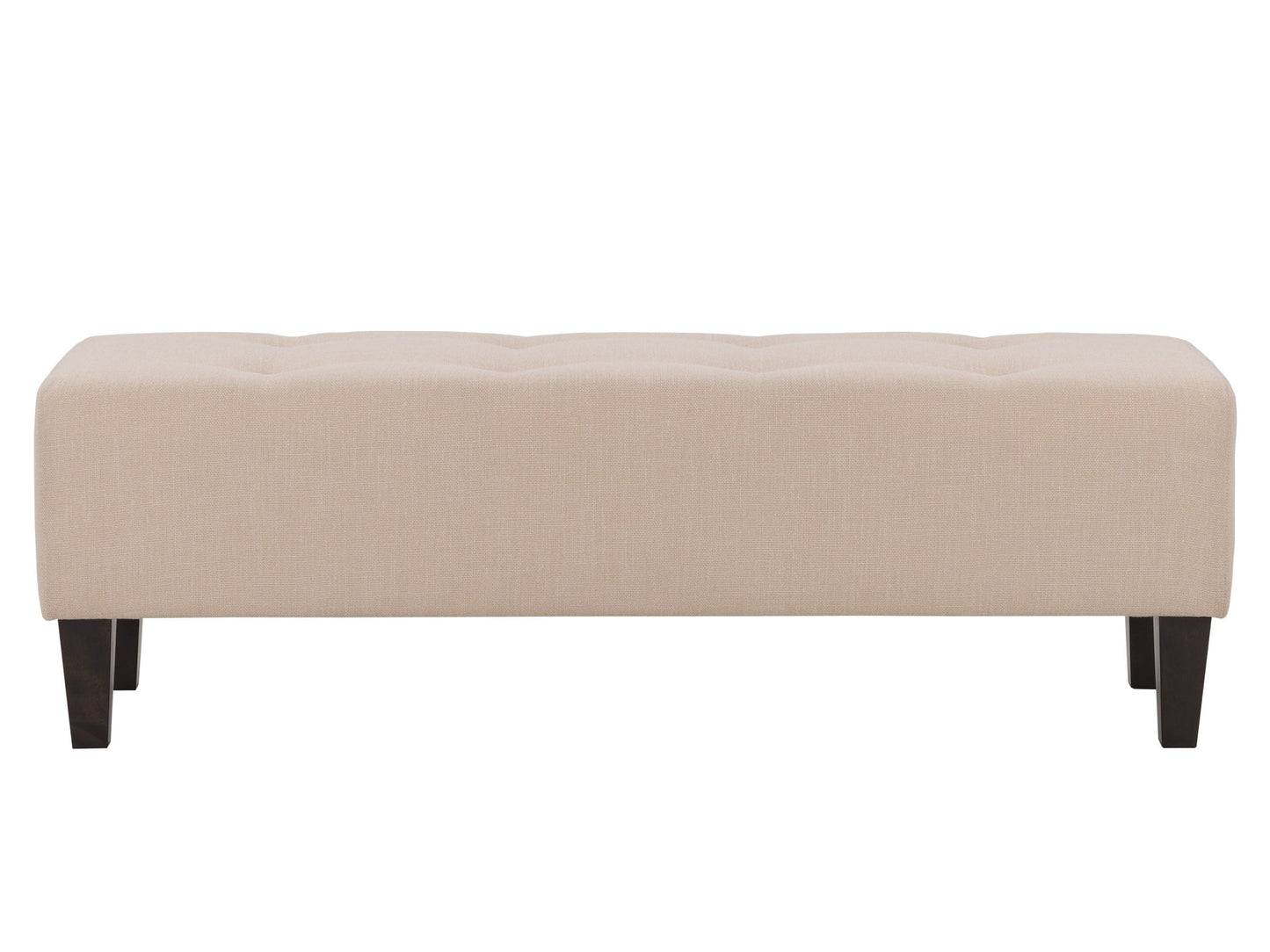 Cream accent bench with cushioned seat, wooden legs, and minimalist design for modern living spaces.