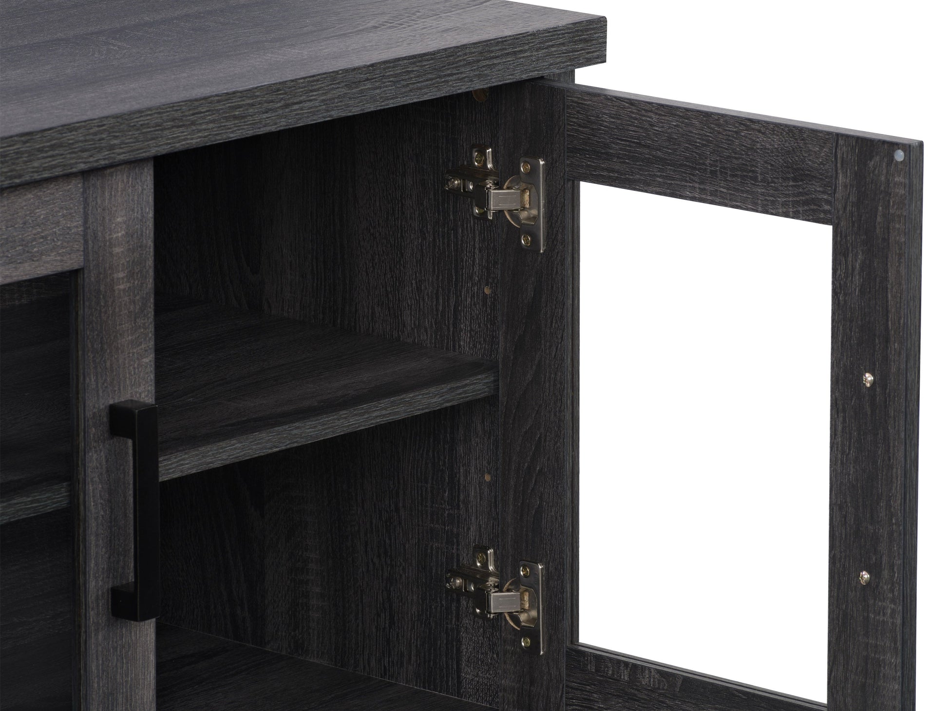 Dark grey TV stand for up to 95" TVs, sleek design with storage shelves and cable management system.