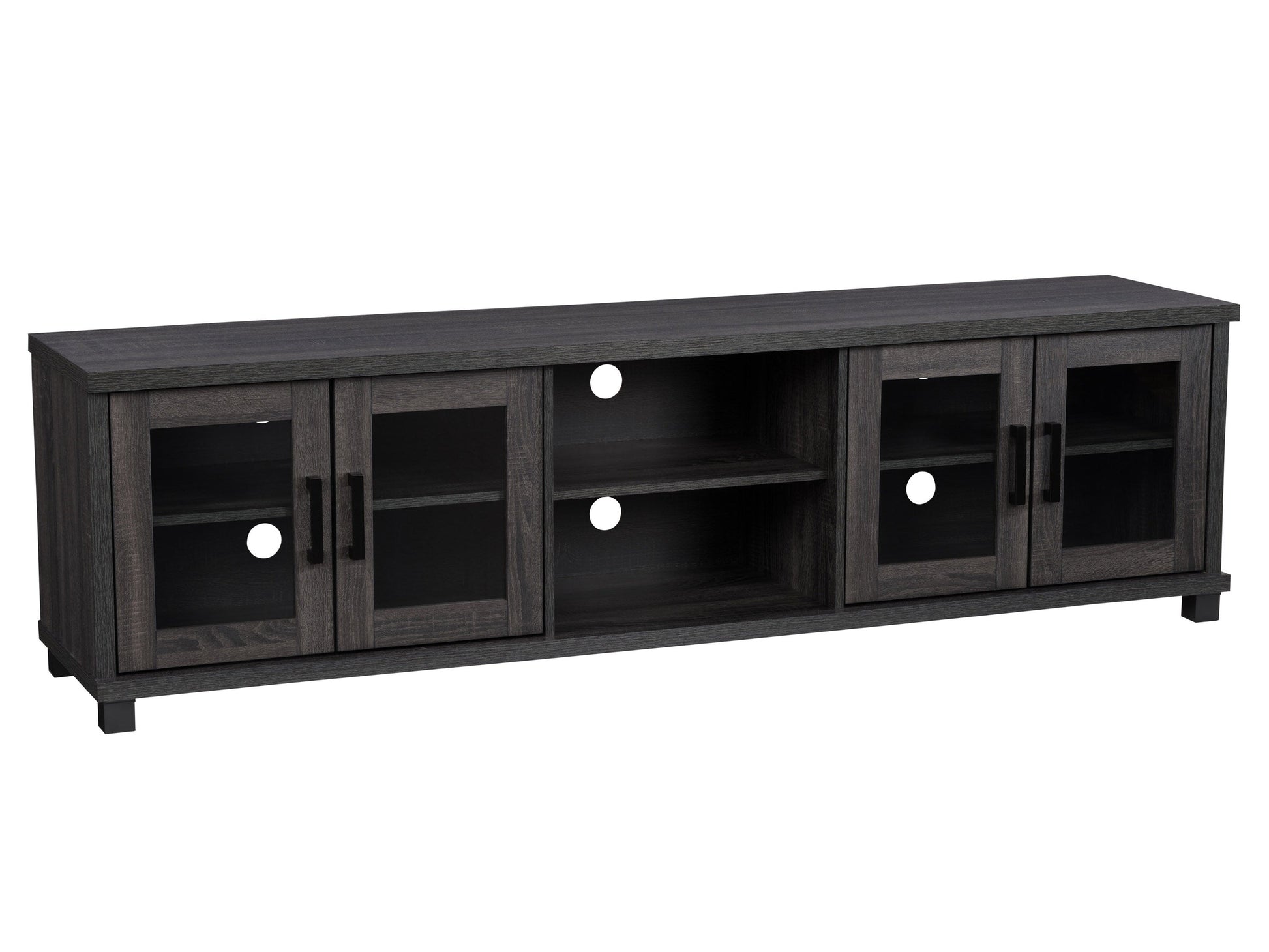 Dark grey TV stand for 95-inch TVs, featuring sleek design, spacious storage, and sturdy wooden construction.