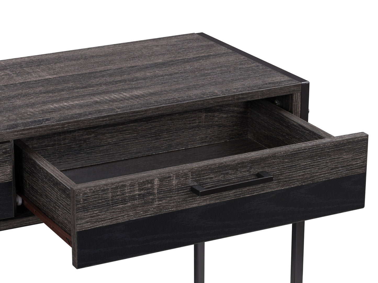 Rustic farmhouse console table with distressed wood finish, featuring a sturdy black metal frame, two spacious shelves, and a vintage design perfect for entryways or living rooms.