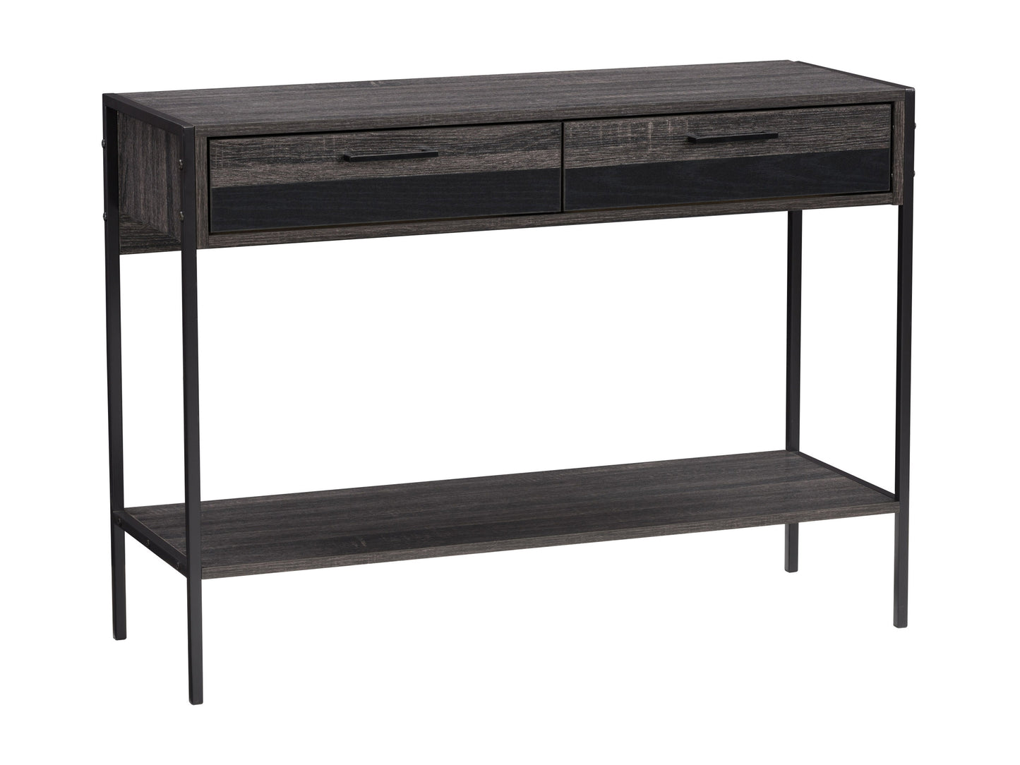 Rustic wood farmhouse console table with black metal legs, featuring a natural wood finish, spacious tabletop, and lower shelf for storage. Ideal for entryways, living rooms, or as a stylish desk.