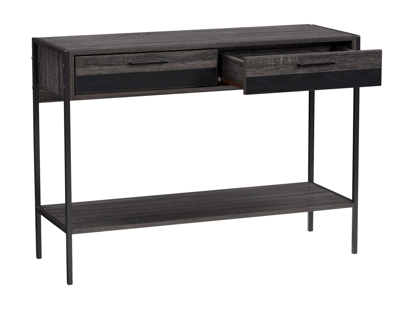 Rustic farmhouse console table with distressed white finish, natural wood top, and turned legs. Features two drawers with black metal handles and lower shelf for storage. Ideal for entryways or living rooms.