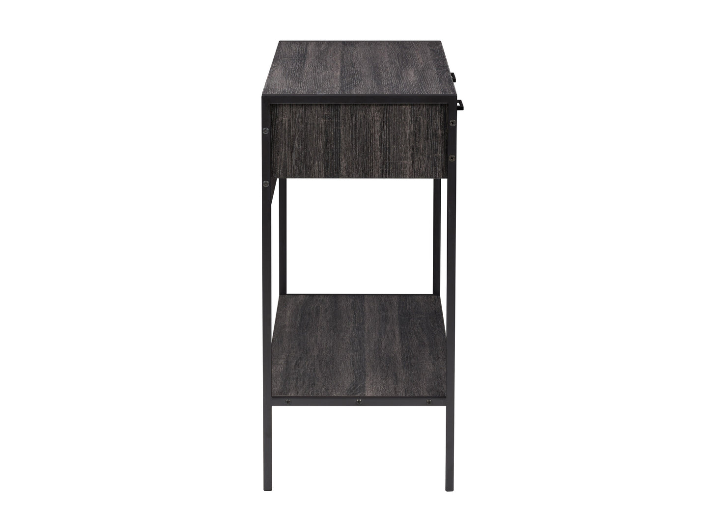 Rustic farmhouse console table with distressed white finish, natural wood top, and two spacious drawers. Features elegant turned legs and antique-style metal handles, perfect for entryways or living rooms.