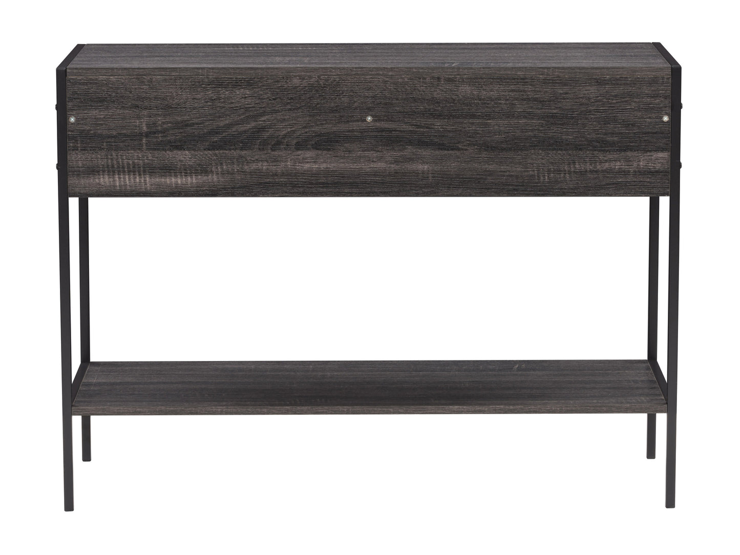 Farmhouse console table with rustic wooden top, white distressed legs, and two drawers featuring vintage-style handles. Ideal for entryways or living rooms, offering a blend of farmhouse charm and practical storage.