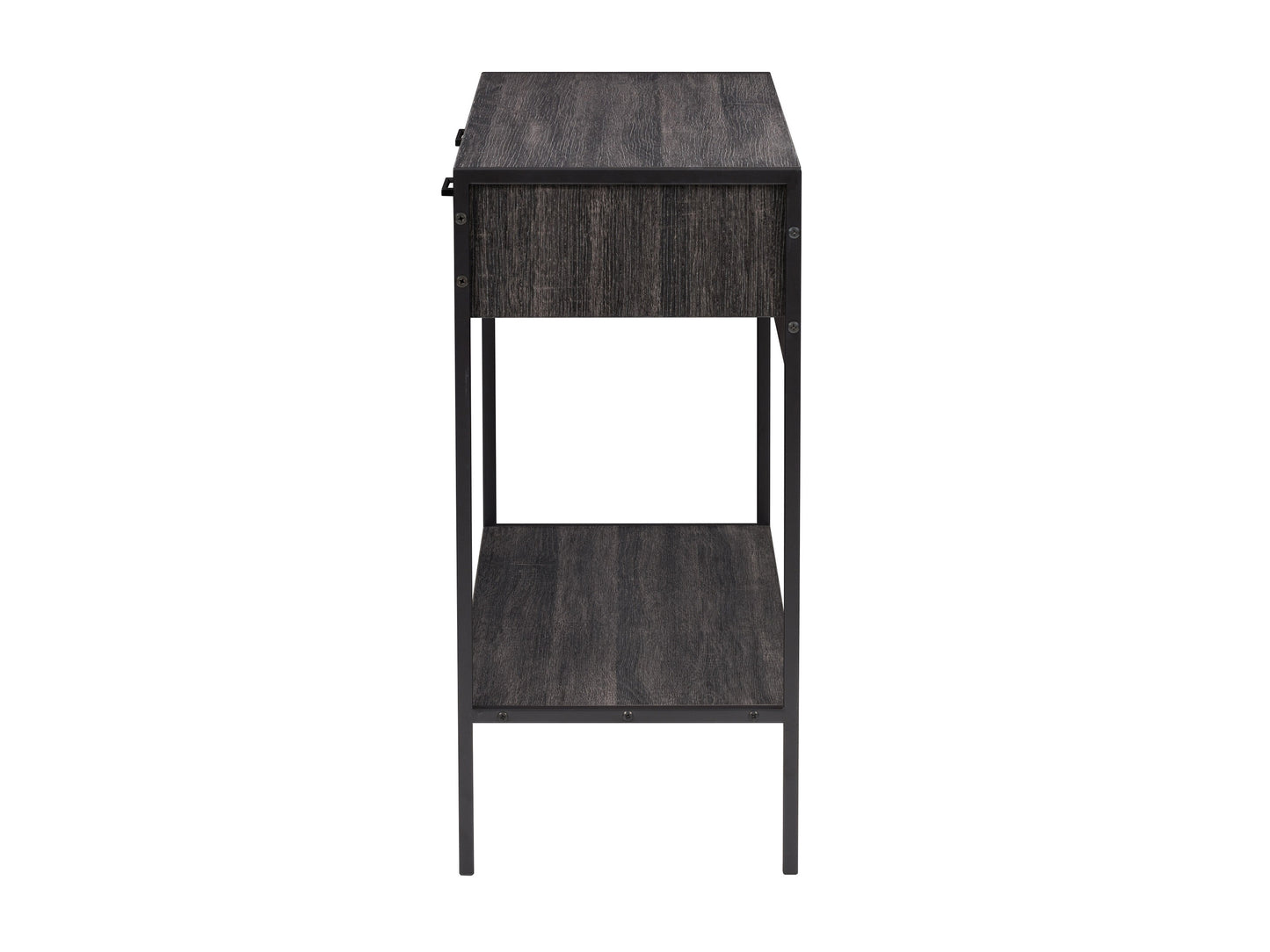 Rustic farmhouse console table with distressed wood finish, featuring a sturdy metal frame, two spacious drawers, and a lower shelf for extra storage. Ideal for entryways, living rooms, or offices.