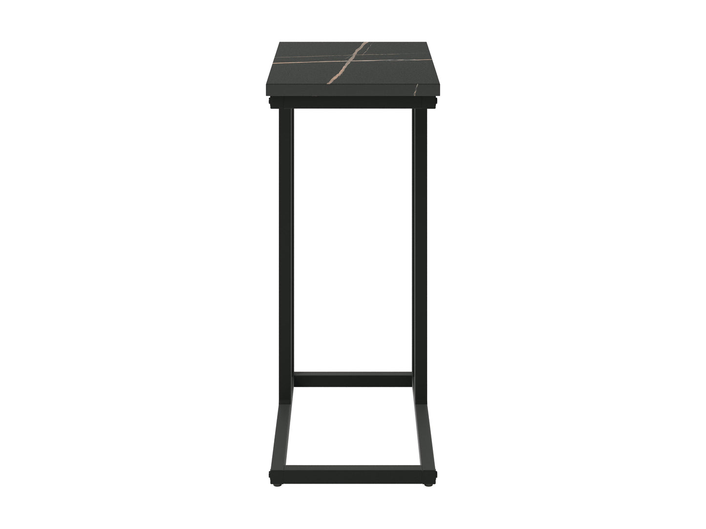 Black marble narrow side table with sleek metal legs and minimalist design.