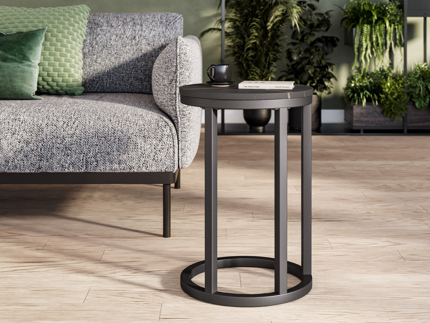 Black marble round side table with gold metal frame, elegant design, and modern style.