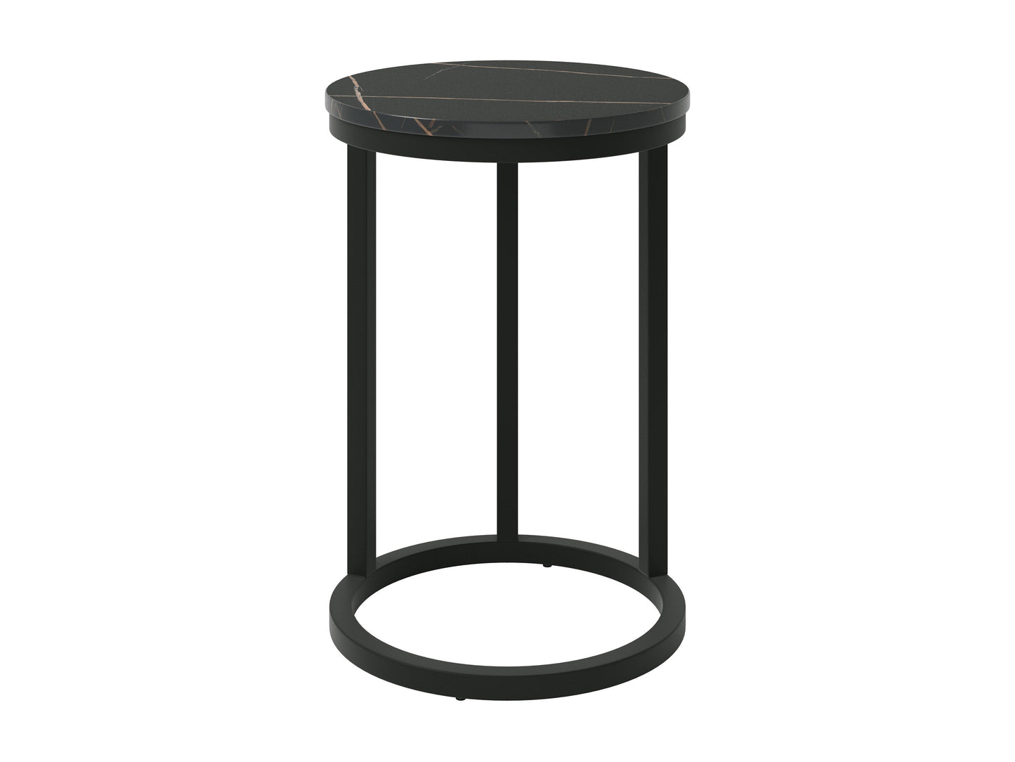 Black marble round side table with gold metal legs, sleek modern design, and luxurious finish.