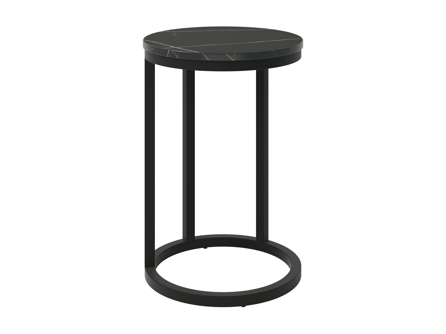 Black marble round side table with sleek metal legs, modern design, and smooth surface finish.