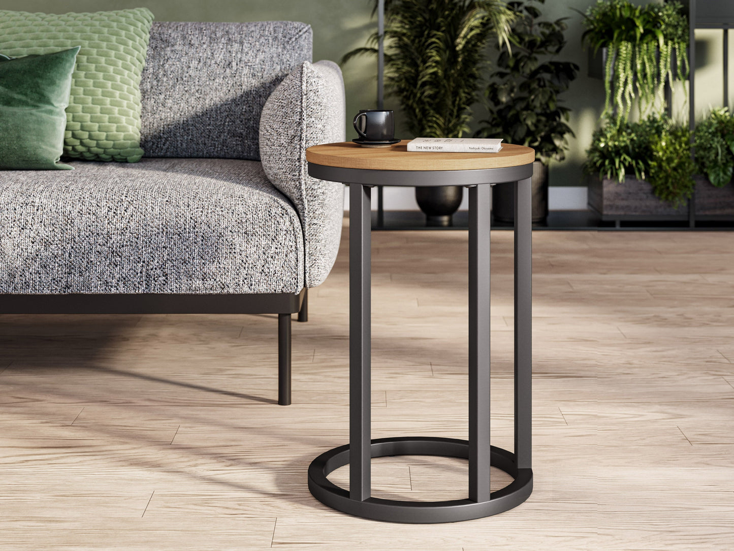 Round brown wood side table with black metal legs, perfect for modern living rooms.