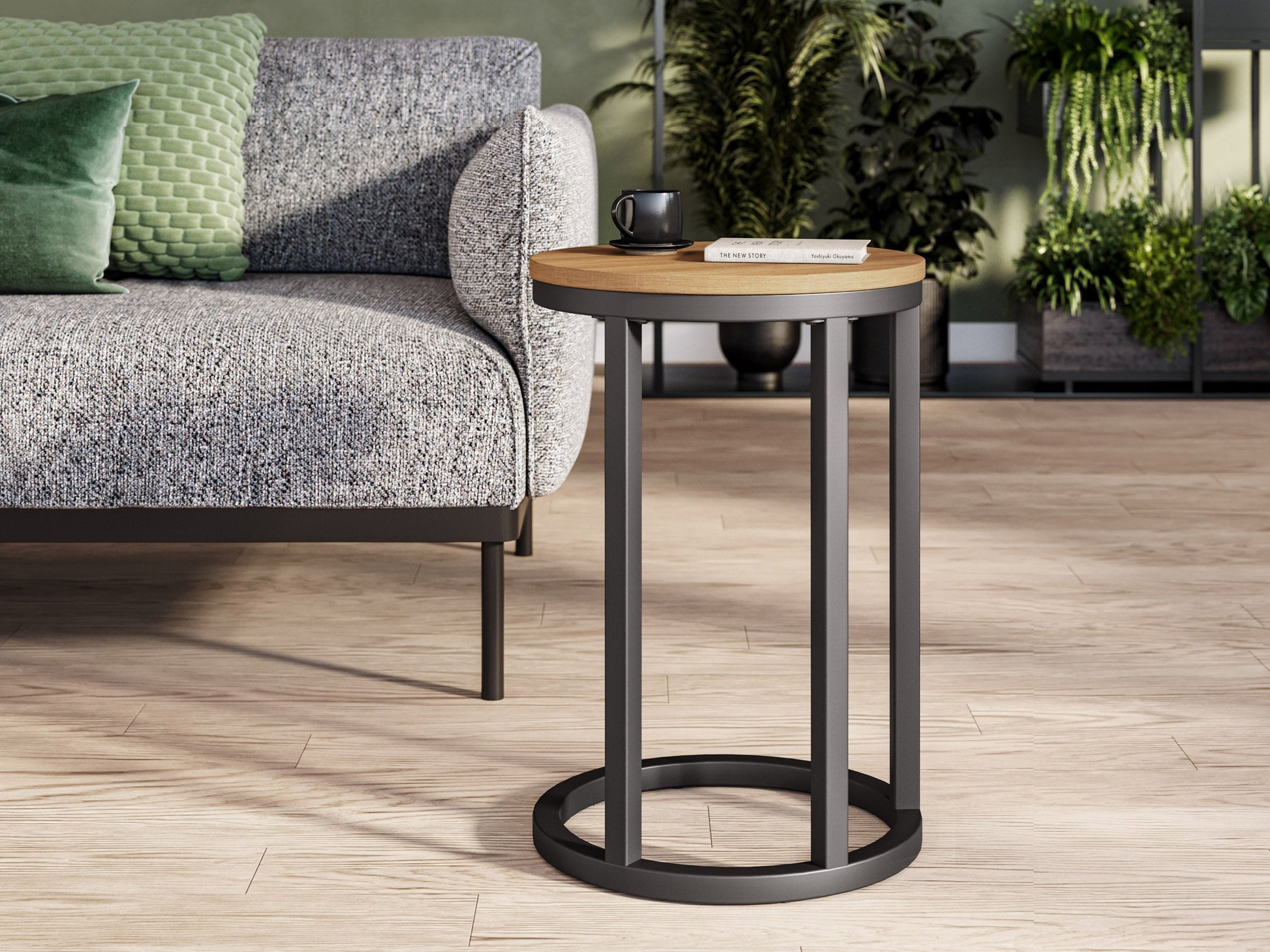 Round brown wood side table with black metal legs, perfect for modern living rooms.