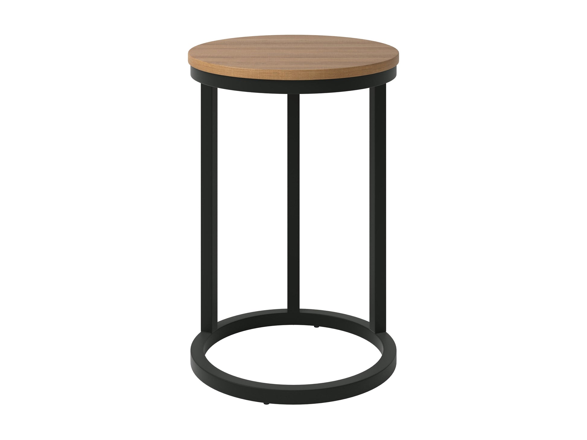 Brown wooden round side table with sleek black metal legs and minimalist design.